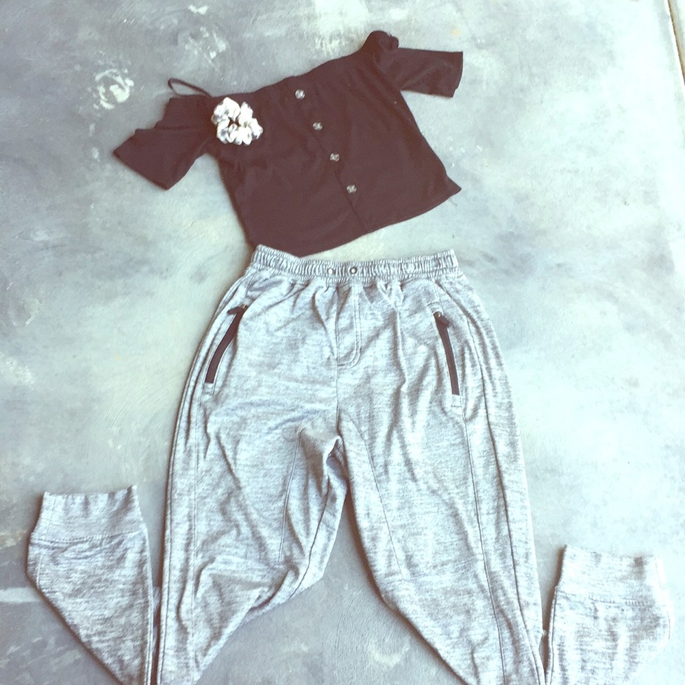 Crop top, grey sweats, 1 scrunchie.